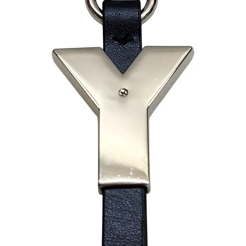 YSL Yves Saint Laurent Parfums Y Logo Silver Metal Leather Key Ring Bag Charm